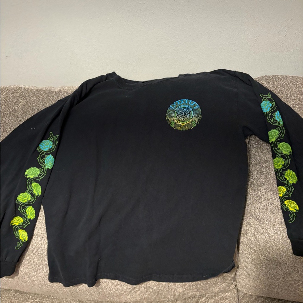 Black Long Sleeve Shirt with Green Leaf Design